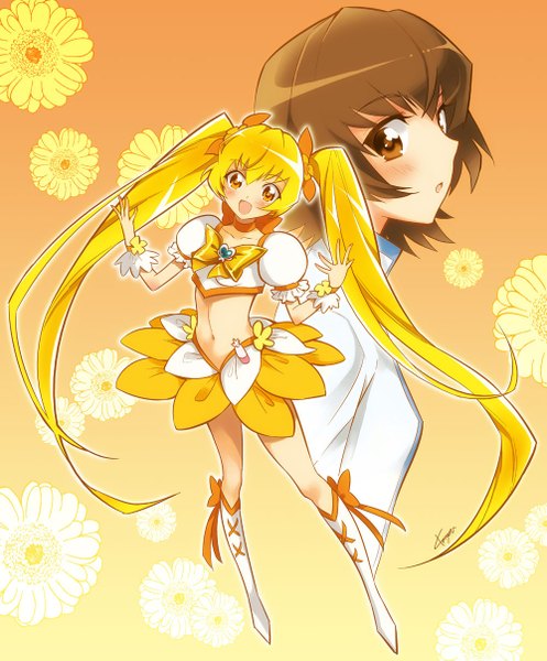 Anime picture 1000x1205 with precure heartcatch precure! toei animation myoudouin itsuki cure sunshine kayou (kayou-bi) tall image blush short hair open mouth blonde hair brown hair twintails multiple girls brown eyes signed very long hair orange eyes yellow background dual persona