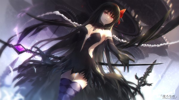 Anime picture 1890x1063 with mahou shoujo madoka magica shaft (studio) akemi homura akuma homura swd3e2 single long hair looking at viewer highres black hair red eyes wide image girl thighhighs dress gloves bow weapon hair bow black gloves