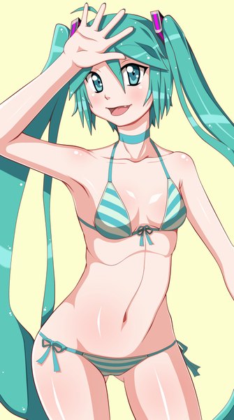 Anime picture 1219x2183 with vocaloid hatsune miku j (shining-next) single tall image open mouth light erotic simple background twintails very long hair aqua eyes aqua hair teeth fang (fangs) girl navel hair ornament swimsuit bikini striped bikini