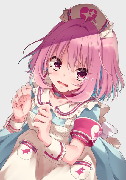 Anime picture 595x842 with idolmaster idolmaster cinderella girls yumemi riamu kemololi single tall image looking at viewer blush fringe short hair open mouth simple background hair between eyes pink hair ahoge pink eyes from above grey background fang (fangs) girl