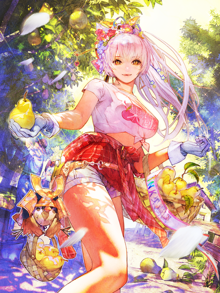 Anime picture 960x1280 with tenka touitsu chronicle isaac hein iii single long hair tall image looking at viewer blush fringe breasts smile standing holding yellow eyes silver hair outdoors ponytail blunt bangs hair flower wind short sleeves