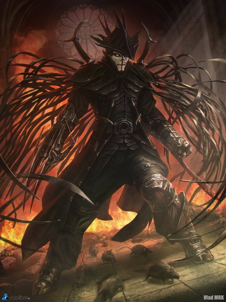 Anime-Bild 1125x1500 mit legends of the cryptids gorton vladmrk single tall image holding green eyes signed dutch angle black wings floor dual wielding blood on face boy weapon animal sword wings armor thigh strap