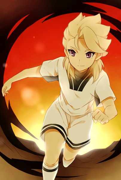 Anime picture 793x1174 with inazuma eleven inazuma eleven go inazuma eleven go galaxy rolan lazarev sekina single long hair tall image blonde hair smile purple eyes looking away running boy uniform socks gym uniform