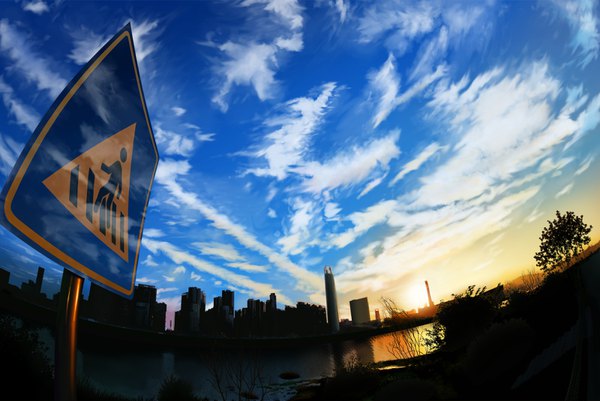 Anime picture 1600x1070 with original solafin sky cloud (clouds) city evening sunset cityscape no people scenic river plant (plants) tree (trees) building (buildings) sun traffic sign