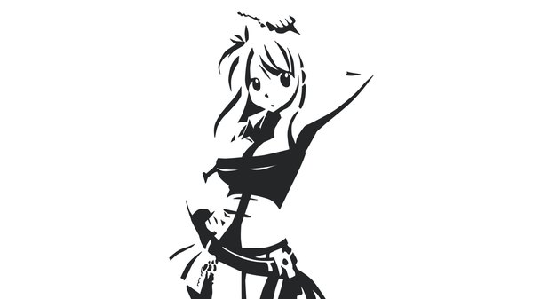 Anime picture 1920x1080 with fairy tail lucy heartfilia kiro (mieru) single long hair looking at viewer fringe highres simple background wide image standing white background arm up monochrome high contrast flat color girl skirt miniskirt