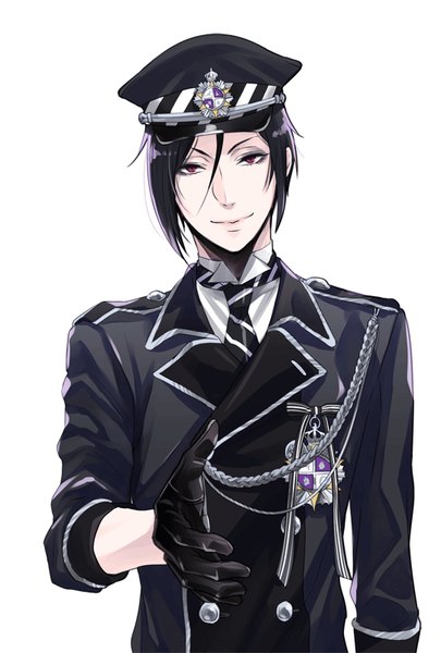 Anime picture 541x800 with kuroshitsuji a-1 pictures sebastian michaelis tagme (artist) single tall image looking at viewer fringe short hair black hair simple background smile hair between eyes red eyes white background upper body light smile striped outstretched hand boy