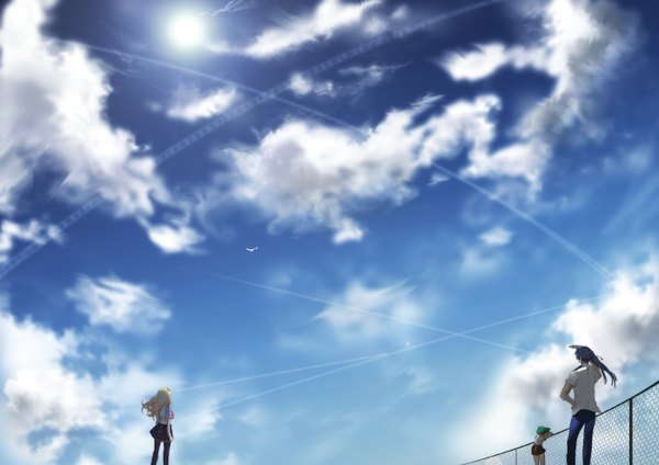 Anime picture 1604x1134 with macross macross frontier sheryl nome ranka lee saotome alto gen (artist) long hair short hair blonde hair blue hair sky cloud (clouds) ponytail green hair wind from behind back girl thighhighs boy