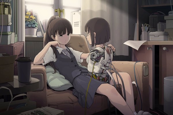 Anime picture 2048x1358 with original sukabu long hair fringe highres short hair smile brown hair sitting multiple girls yellow eyes ponytail indoors blunt bangs sunlight arm support eye contact between legs hand on another's shoulder science fiction
