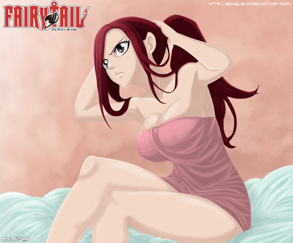 Anime picture 1400x1160 with fairy tail erza scarlet boybushin single long hair breasts light erotic large breasts sitting brown eyes ponytail red hair inscription armpit (armpits) coloring arms behind head girl