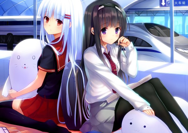 Anime picture 1200x848 with original aixioo long hair blush black hair smile red eyes sitting purple eyes multiple girls white hair back to back girl thighhighs skirt uniform black thighhighs 2 girls school uniform hairband