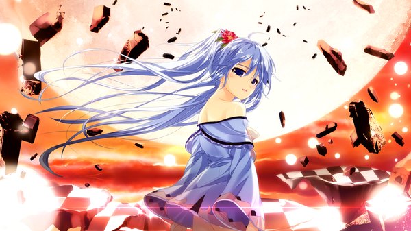 Anime picture 2048x1152 with shin shirogane no soleil skyfish (studio) single long hair looking at viewer highres wide image twintails bare shoulders blue hair game cg hair flower destruction girl dress hair ornament flower (flowers)