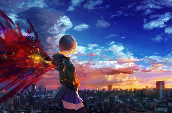 Anime picture 1980x1299 with tokyo ghoul studio pierrot kirishima touka wayne chan single fringe highres short hair red eyes blue hair sky cloud (clouds) hair over one eye city hands in pockets black sclera girl thighhighs skirt black thighhighs