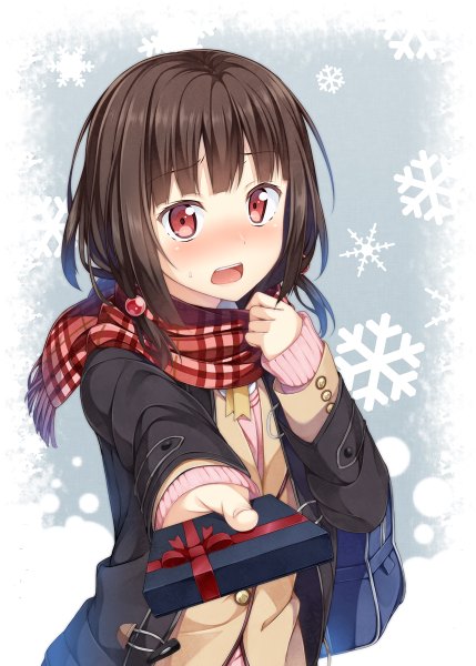 Anime picture 858x1200 with original yuuri nayuta single long hair tall image looking at viewer blush fringe open mouth red eyes brown hair standing holding blunt bangs open clothes open jacket embarrassed outstretched arm framed outstretched hand