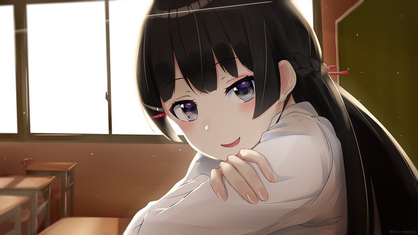 Anime picture 1920x1080 with virtual youtuber nijisanji tsukino mito kiui gunsou single long hair looking at viewer blush fringe highres open mouth black hair smile wide image purple eyes payot upper body indoors braid (braids) single braid