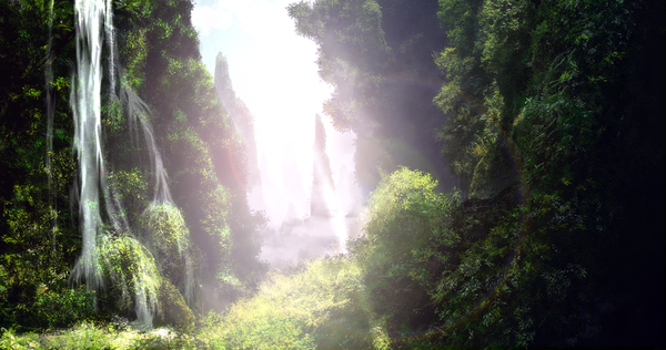 Anime picture 2048x1080 with original tsuruzen highres wide image sunlight no people landscape sunbeam nature rock waterfall plant (plants) water