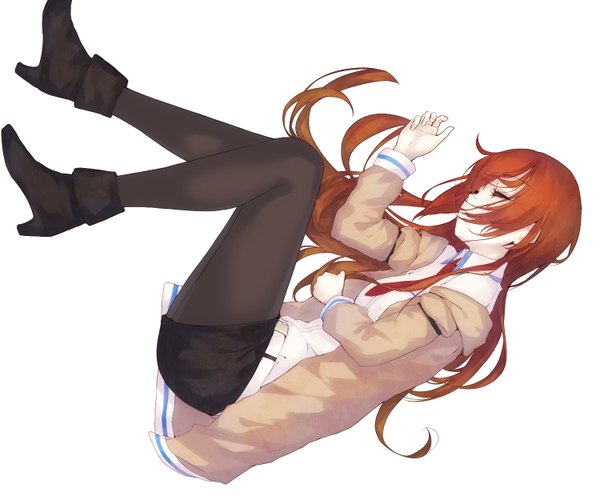 Anime picture 1500x1240 with steins;gate white fox makise kurisu la-na single long hair simple background brown hair white background eyes closed open clothes open jacket sleeping girl pantyhose shoes shorts