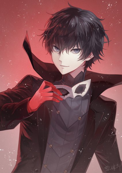 Anime picture 620x877 with persona 5 persona amamiya ren angel31424 single tall image looking at viewer fringe short hair black hair simple background hair between eyes holding signed upper body light smile grey eyes gradient background portrait red background