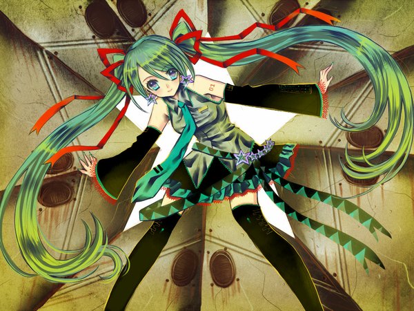 Anime picture 1024x768 with vocaloid hatsune miku kiryuu mina single looking at viewer twintails very long hair nail polish aqua eyes green hair wallpaper spread arms girl thighhighs ribbon (ribbons) black thighhighs hair ribbon detached sleeves earrings necktie