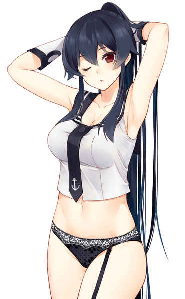 Anime-Bild 526x850 mit kantai collection yahagi light cruiser ichinomiya (blantte) single tall image looking at viewer fringe breasts open mouth light erotic black hair simple background hair between eyes red eyes large breasts standing white background payot cleavage ponytail