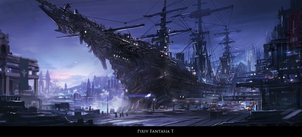 Anime picture 1800x819 with original pixiv fantasia pixiv fantasia t renatus z highres wide image wind night night sky steam water building (buildings) lantern flag castle watercraft people lamppost ship