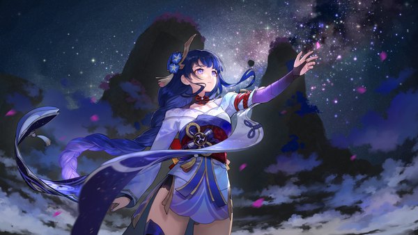 Anime picture 4800x2700 with genshin impact raiden shogun rafaelaaa single highres wide image standing purple eyes absurdres purple hair outdoors braid (braids) very long hair traditional clothes japanese clothes night night sky outstretched arm single braid looking up