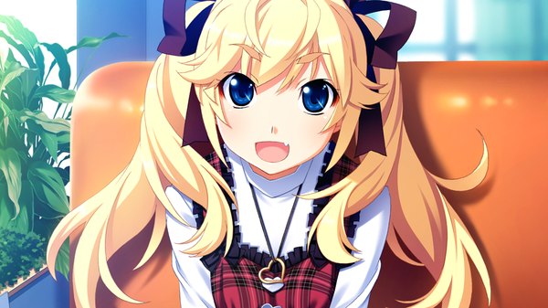 Anime picture 1024x576 with grisaia no kajitsu matsushima michiru watanabe akio long hair open mouth blue eyes blonde hair wide image twintails game cg teeth fang (fangs) girl ribbon (ribbons) hair ribbon pendant