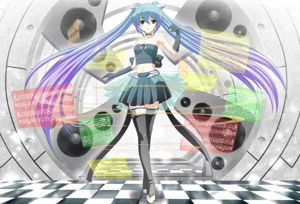 Anime picture 1200x814 with vocaloid hatsune miku neno (mono) single long hair blue eyes twintails aqua hair checkered floor girl thighhighs gloves black thighhighs miniskirt elbow gloves speakers