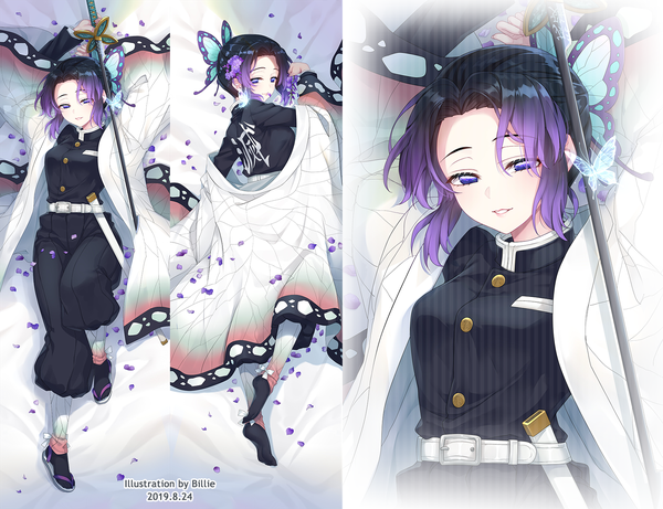 Anime picture 1719x1323 with kimetsu no yaiba ufotable kochou shinobu menggongfang looking at viewer highres short hair blue eyes black hair smile holding signed full body lying traditional clothes parted lips japanese clothes looking back multicolored hair hair flower