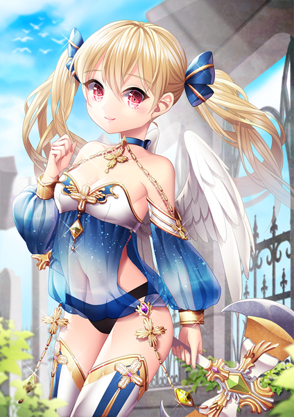 Anime picture 600x849 with original saban single long hair tall image looking at viewer blush fringe breasts light erotic blonde hair smile hair between eyes red eyes standing twintails holding sky cleavage outdoors
