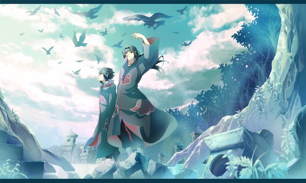 Anime picture 1100x660 with naruto studio pierrot naruto (series) uchiha sasuke uchiha itachi mikabu long hair fringe short hair black hair wide image standing sky cloud (clouds) outdoors arm up sunlight hair over one eye looking up sunbeam