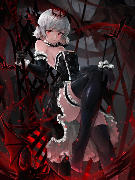 Anime picture 3000x4000 with original crystalherb single tall image looking at viewer blush fringe highres short hair breasts light erotic hair between eyes red eyes holding cleavage silver hair parted lips light smile no shoes bat wings