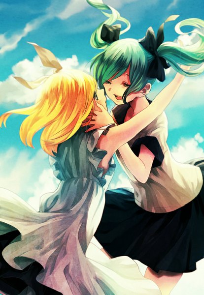 Anime picture 691x1000 with vocaloid hatsune miku kagamine rin yuji kazakiri long hair tall image blush short hair open mouth blonde hair twintails multiple girls sky cloud (clouds) aqua eyes aqua hair girl dress bow 2 girls