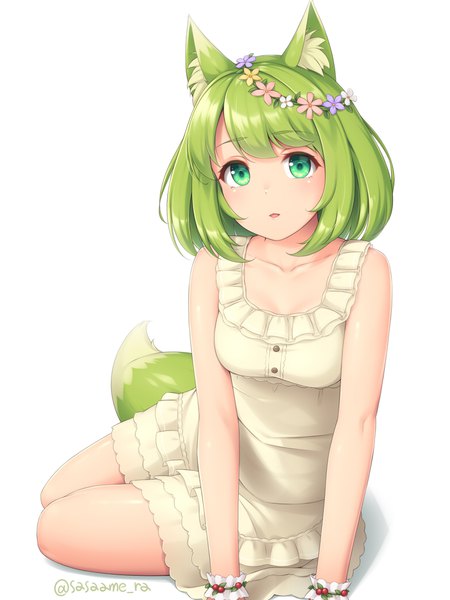 Anime picture 780x1040 with original sasaame single tall image looking at viewer blush fringe short hair open mouth simple background white background sitting green eyes signed animal ears tail animal tail green hair light smile arm support