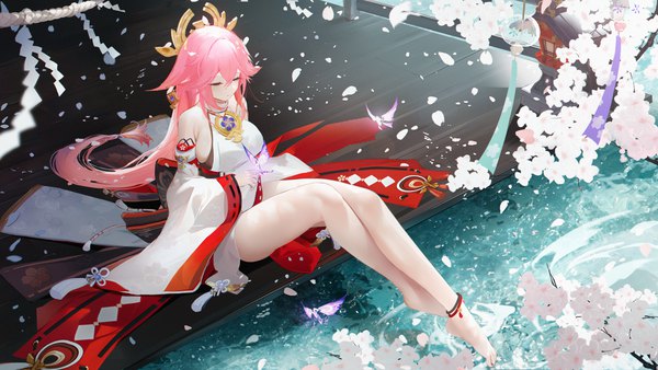 Anime picture 7680x4320 with genshin impact yae miko omone hokoma agm single long hair fringe highres breasts light erotic hair between eyes wide image large breasts sitting bare shoulders pink hair absurdres full body eyes closed traditional clothes japanese clothes