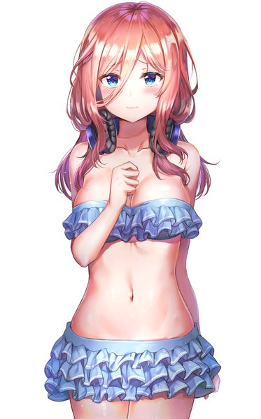 Anime picture 2739x4406 with go-toubun no hanayome nakano miku nyung single long hair tall image looking at viewer blush fringe highres breasts blue eyes light erotic simple background hair between eyes standing white background bare shoulders pink hair cleavage