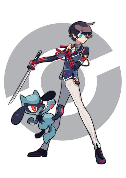 Anime picture 600x848 with pokemon touken ranbu nintendo nitroplus horikawa kunihiro riolu ppo-p tall image short hair blue eyes black hair simple background white background looking away full body ahoge crossover gen 4 pokemon boy weapon