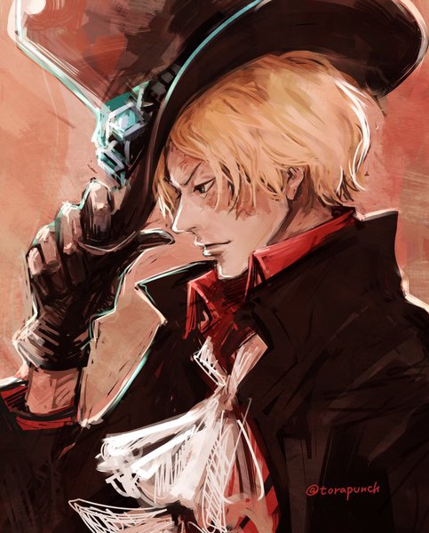 Anime picture 824x1024 with one piece toei animation sabo (one piece) torapunch single tall image short hair simple background blonde hair holding signed upper body profile grey eyes twitter username looking down scar adjusting hat goggles on head boy