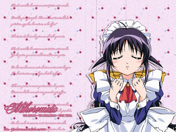 Anime picture 1024x768 with mahoromatic andou mahoro eyes closed maid polka dot polka dot background ribbon (ribbons) headdress maid headdress