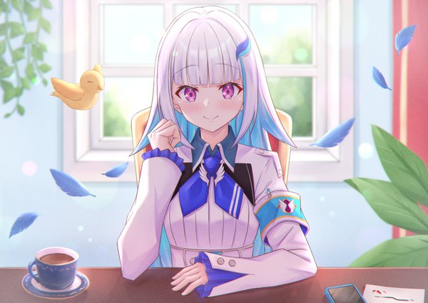 Anime picture 2456x1736 with virtual youtuber nijisanji lize helesta sebastian piyodore lize helesta (1st costume) yue zi single long hair looking at viewer blush fringe highres smile sitting purple eyes silver hair indoors blunt bangs multicolored hair colored inner hair