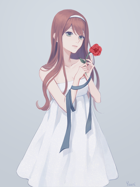 Anime picture 1050x1400 with original yuari kim single long hair tall image looking at viewer fringe simple background hair between eyes brown hair standing bare shoulders holding green eyes signed cleavage parted lips grey background girl dress
