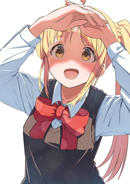 Anime picture 1158x1637 with bocchi the rock! cloverworks ijichi nijika neko (hansinn) single long hair tall image blush open mouth simple background blonde hair white background yellow eyes upper body :d from above arms up side ponytail girl uniform