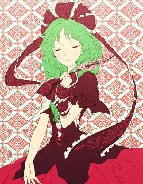 Anime picture 700x900 with touhou kagiyama hina egawa satsuki single long hair tall image upper body eyes closed green hair light smile girl dress ribbon (ribbons) hair ribbon branch red dress