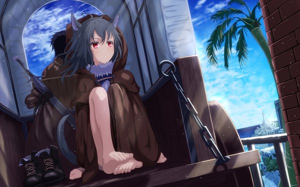 Anime picture 2880x1800 with original mikisai long hair blush fringe highres short hair black hair hair between eyes red eyes sitting animal ears looking away sky cloud (clouds) full body outdoors tail parted lips animal tail