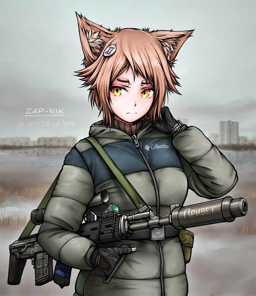 Anime picture 936x1080 with original zap-nik single tall image looking at viewer fringe short hair brown hair standing signed animal ears yellow eyes upper body outdoors arm up cat ears cat girl hand in pocket clothes writing girl
