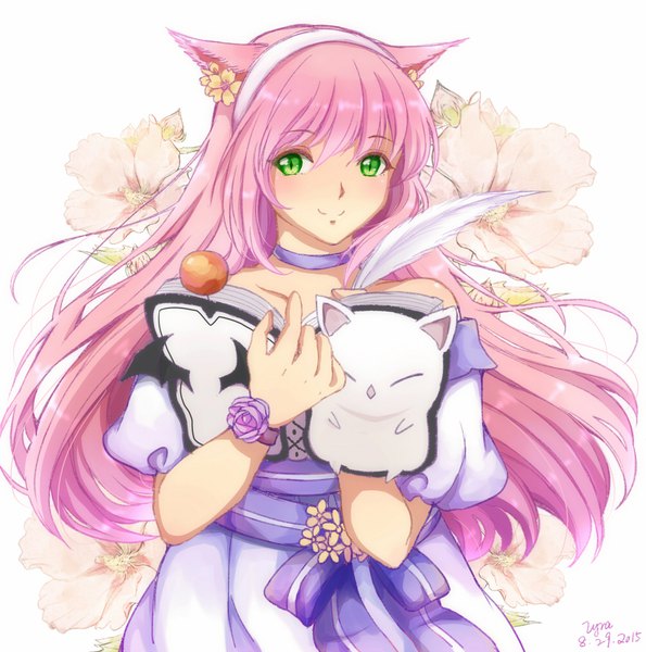 Anime picture 1000x1009 with final fantasy final fantasy xiv square enix miqo'te lyra-kotto single long hair tall image looking at viewer blush fringe simple background smile holding green eyes signed animal ears payot pink hair hair flower