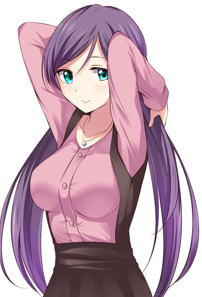 Anime picture 680x1000 with love live! school idol project sunrise (studio) love live! toujou nozomi yuki (sangeki5806) single long hair tall image looking at viewer blush breasts simple background smile large breasts standing twintails purple hair aqua eyes grey background adjusting hair
