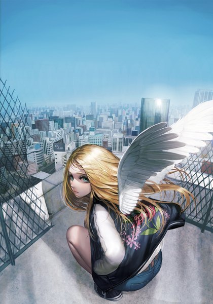 Anime picture 1500x2143 with original usukuchi (impasto life) single long hair tall image looking at viewer blue eyes blonde hair sky outdoors lips city squat cityscape white wings hands in pockets girl shirt wings shorts