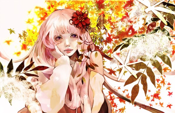 Anime picture 1200x777 with original kibi (pixiv298748) long hair looking at viewer fringe purple eyes pink hair hair flower hand on face hand on cheek girl hair ornament flower (flowers) leaf (leaves) insect butterfly beads autumn leaves dragonfly