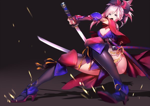 Anime picture 2000x1415 with fate (series) fate/grand order miyamoto musashi (fate) rahato single long hair looking at viewer fringe highres breasts open mouth light erotic simple background hair between eyes large breasts purple eyes holding pink hair cleavage full body
