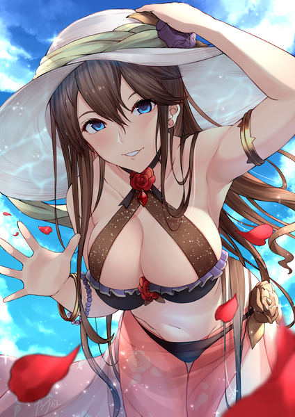 Anime picture 1013x1433 with granblue fantasy rosetta (granblue fantasy) haido (ryuuno kanzume) single long hair tall image looking at viewer blush fringe breasts blue eyes light erotic smile hair between eyes brown hair large breasts standing bare shoulders signed sky